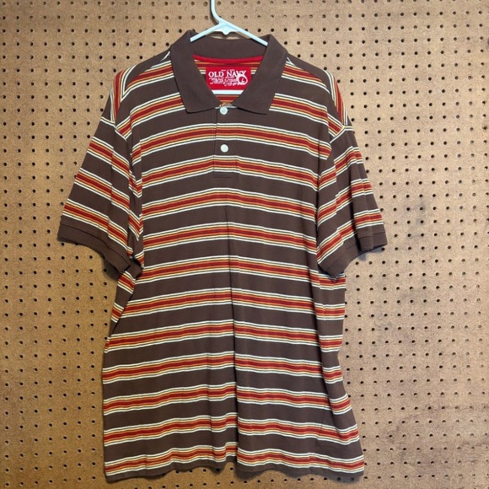 VTG Old Navy Mens Large Brown Striped Cotton Polo Shirt Retro 90s Y2K Large